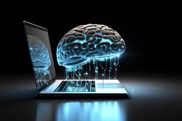 Human brain connected to a laptop. Digital cyberspace and advanced artificial technology concept. Generated with Ai. 