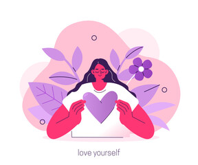 Wall Mural - 
Love yourself. Character take care of mentality and learn self accepting. Mental health and psychotherapy concept. Vector illustration.
