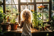 © Infini Craft - Mädchen erkundet neugierig Gewächshaus, verkörpert die Verbindung der jungen Generation und der Natur, Nachhaltigkeit, biologischer Anbau und natürliche Schönheit. AI-Generiert