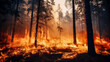 Flammen lodern im Wald, Natur in Gefahr – eindrucksvolle Darstellung von Feuer, Waldbrand und zerstörter Natur. AI generiertes Bild