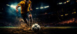 panorama of soccer player kicking towards goal in football stadium at night