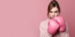 Fragile weak looking young woman with pink boxing gloves. Wide banner copy space. Generative AI.
