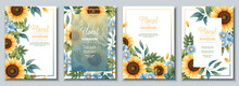 Set Of Greeting Card Template With Sunflowers, Blue Daisies. Flyer, Banner With Autumn Wildflowers. Design For Wedding Invitation And Party.