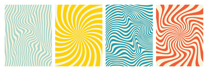 Vector set of groovy hippie 70s backgrounds. swirl, twirl pattern, waves. Y2k aesthetic. Social Media Stories Template, distorted and Twisted vector texture in trendy retro psychedelic style. 