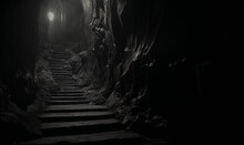 Dark Tunnel With Carved Stairs. Solid Rock. Scary, Claustrophobic. Narrow, Crushed Shadows - Generative AI