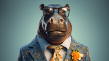 Hippo Dressed In A Floral Suit, Wearing Sunglasses, On A Smooth Light Blue Background, He Is Looking Straight At The Camera, He Is Dressed In A Dark Blue Color Shirt And Has A Tie, He  - Generative AI