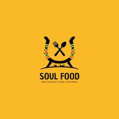 Wall Mural - soul food kitchen and catering business logo template of ethnic african american cultural food and restaurant logo with hot pot and african pattern decoration