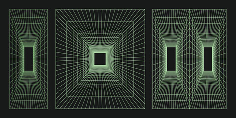 Cyber grid set, retro punk perspective rectangular tunnel. Mesh tunnel geometry on black background. Trendy psychedelic vector elements for design