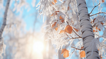 Snow and frost covered birch tree branches against winter forest back light by the low angle sun - Generative AI