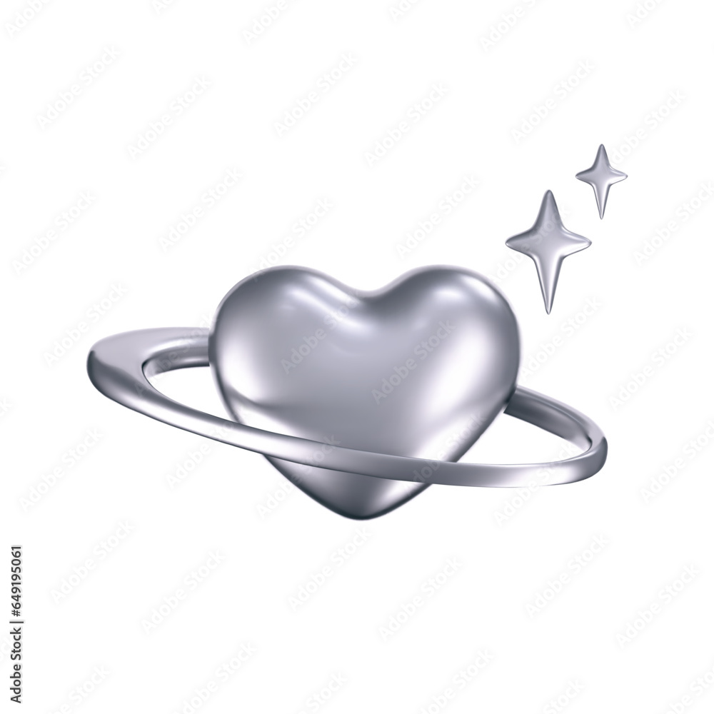 3d chrome heart icon like galaxy planet with stars in y2k style