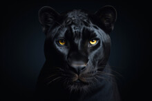 Beautiful Black Panter With Yellow Eyes On A Dark Background, Close-up Front View.generative Ai
