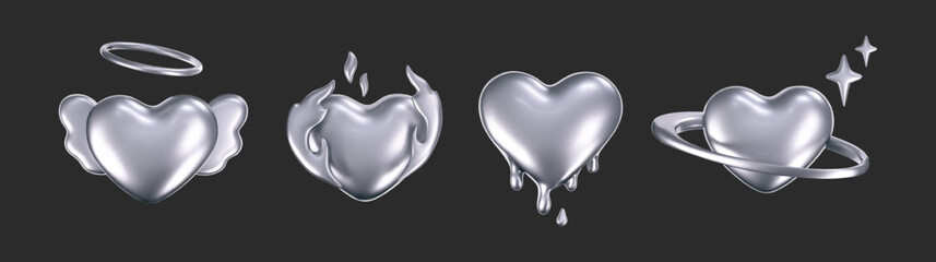 Wall Mural - 3d chrome hearts in y2k style isolated on dark background. render of 3d silver hearts with galaxy pl