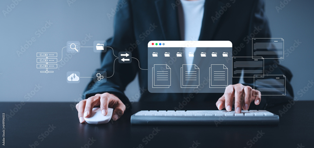 Business document icon. Business people using laptop computer to store ...