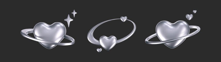 Wall Mural - 3d chrome hearts in y2k style set isolated on a dark background. render of 3d silver hearts with gal