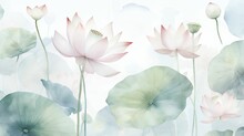 Beautiful Lotus Flowers In Watercolor Style, Vector Illustration. Lotus Seamless Pattern, Green Leaves. Floral Card.