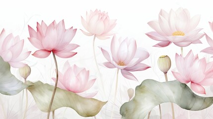 Pink lotus flowers on white background. Watercolor painting. Vector illustration.