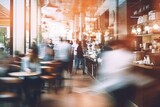 Fototapeta Londyn - Image with motion blur of guests and customers walking in hipster bakery cafe or coffee shop restaurant. Blurred catering business background, chefs and waiters working. Fast movement, beige colors
