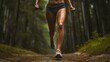 athletic female jogging for heart health or training for a marathon, running on a forest trail through dirt and puddles. Only feet and legs. Low angle