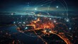 © masyastadnikova - big city at night with network lines connected to satellites, cityscapes, circular shapes, industrial photography. High quality photo. top view