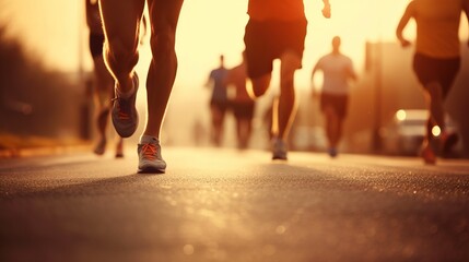 several athletes jogging for heart health or training for a marathon, running on a asphalt street with sunset behind. Only feet and legs. Low angle