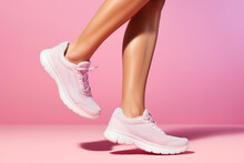 Slender legs of a woman wearing pink sports shoes standing on a pink background, focus on the legs.generative ai
