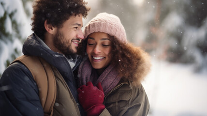 Wall Mural - Young couple enjoying life outdoors in winter. Beautiful woman and handsome man smiling and hugging each other. There is romance in the air. Blurry background.