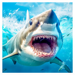 Wall Mural - portrait of a white shark in blue water