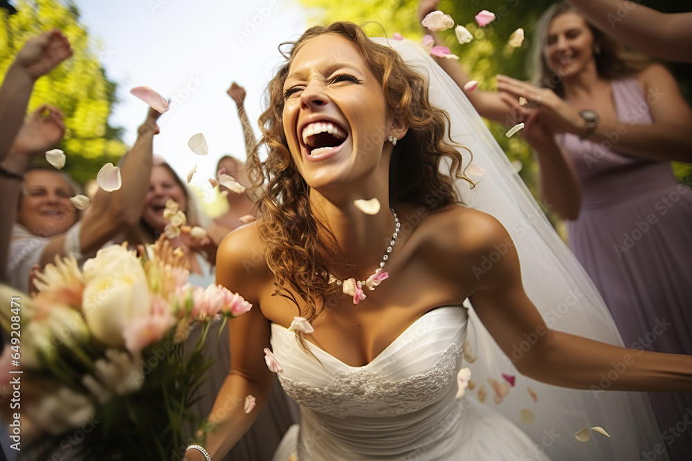 Bouquet of Love Bride Playfully Tosses Flower Bouquet to Joyful ...