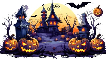 Wall Mural - halloween castle and orange pumpkin vector pattern. halloween party border. halloween icon and character. vector illustration. halloween white background