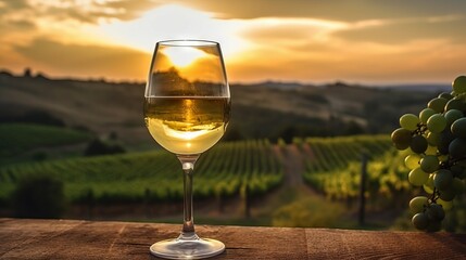  A glass of white wine with a vineyard in the background. Sunset over a beautiful grape farm with a glass of green wine standing on a table. Composition of a champagne glass in a beautiful restaurant.
