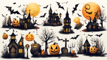 Wall Mural - halloween castle and orange pumpkin vector pattern. halloween party border. halloween icon and character. vector illustration. halloween white background