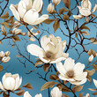 Seamless pattern of vintage magnolias, blend with stems, leaves.
