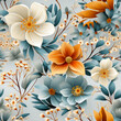 Seamless pattern of vintage floral elements, light blue and orange color.