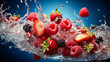 Fruit background, with strawberry, blueberry, raspberry, cherry, blackberry and cranberry in the water.