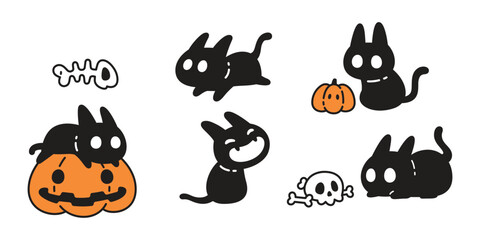 Wall Mural - cat vector halloween pumpkin head jack o lantern kitten calico icon fish bone skull crossbones ghost spooky logo symbol cartoon character illustration doodle design isolated clip art