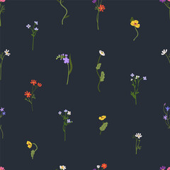 Wall Mural - Seamless botanical pattern, spring flowers, blooming plants. Repeating floral print, field wildflowers. Endless nature background, texture design. Flat vector illustration for textile, wallpaper