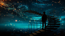 Surreal Silhouette Of Solitary Man Ascending Endless Stairs, Merging With Celestial, Starry Night - Symbolizing Transcendence, Solitude And Cosmic Inspiration.