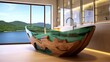 © Dniel - Epoxy resin bathtub in the modern bathroom with green designes. Generative AI Technology