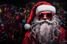 Cool Santa Claus Painted In Graffiti Style. Creative Cartoon Christmas And Happy New Year Holidays Art Background. Festive Colorful Illustration