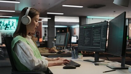 Aufkleber - Female Asian Game Programmer Coding On Desktop Computer In Game Development Studio Diverse Office. Focused Woman Writes Lines Of Code, Does Gameplay Engineering For New Immersive 3D RPG Video Game.