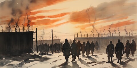 Wall Mural - World War II prisoner of war POW camp scene illustration.