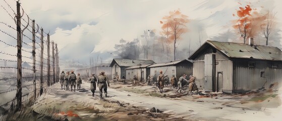 Wall Mural - World War II prisoner of war POW camp scene illustration.