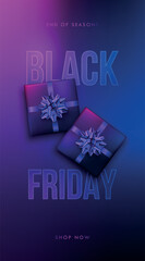 Sticker - Black friday vertical banner for social media. Sale discount promotion with neon color boxes. Template for website advertising, party invitation, stories.