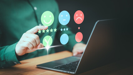 Aufkleber - User hand touch virtual screen on smile face icon to give satisfaction in opinion and service. Customer satisfaction survey, service experience rating online application, testimonial feedback review.