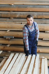 Sticker - Builder holds wooden planks. Concept - sale of lumber. Builder is considering wood planks. Concept - wood processing business. wood timber stack of wooden planks.