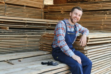 Wall Mural - Industrial warehouse of a sawmill, an employee puts his hands on the finished products at the sawmill in the open air.