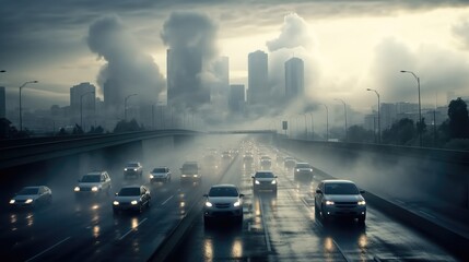 Poster - Air pollution from car traffic on city roads.