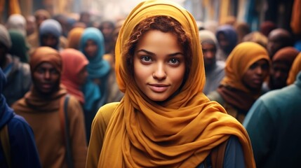 Positive young Muslim females in traditional hijab at city road.