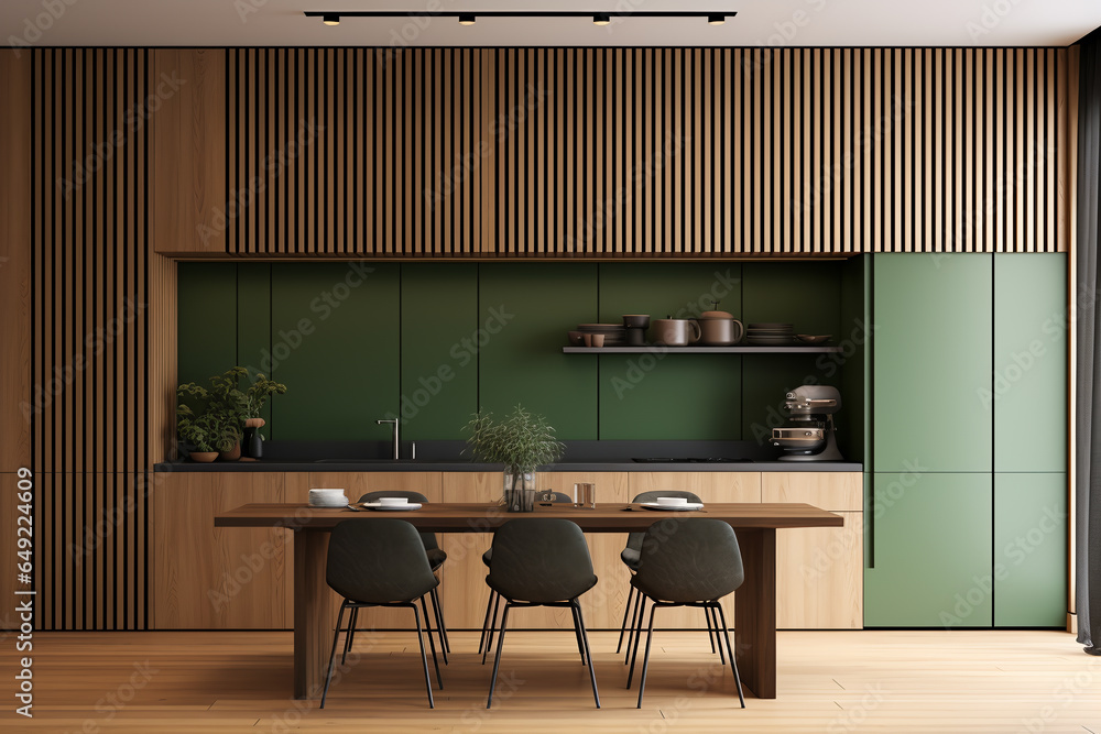 a minimalist interior design with a green kitchen and wood slat wall.ai ...