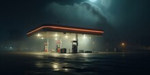 Cinematic Shot Of A Gas Station At Foggy Night
